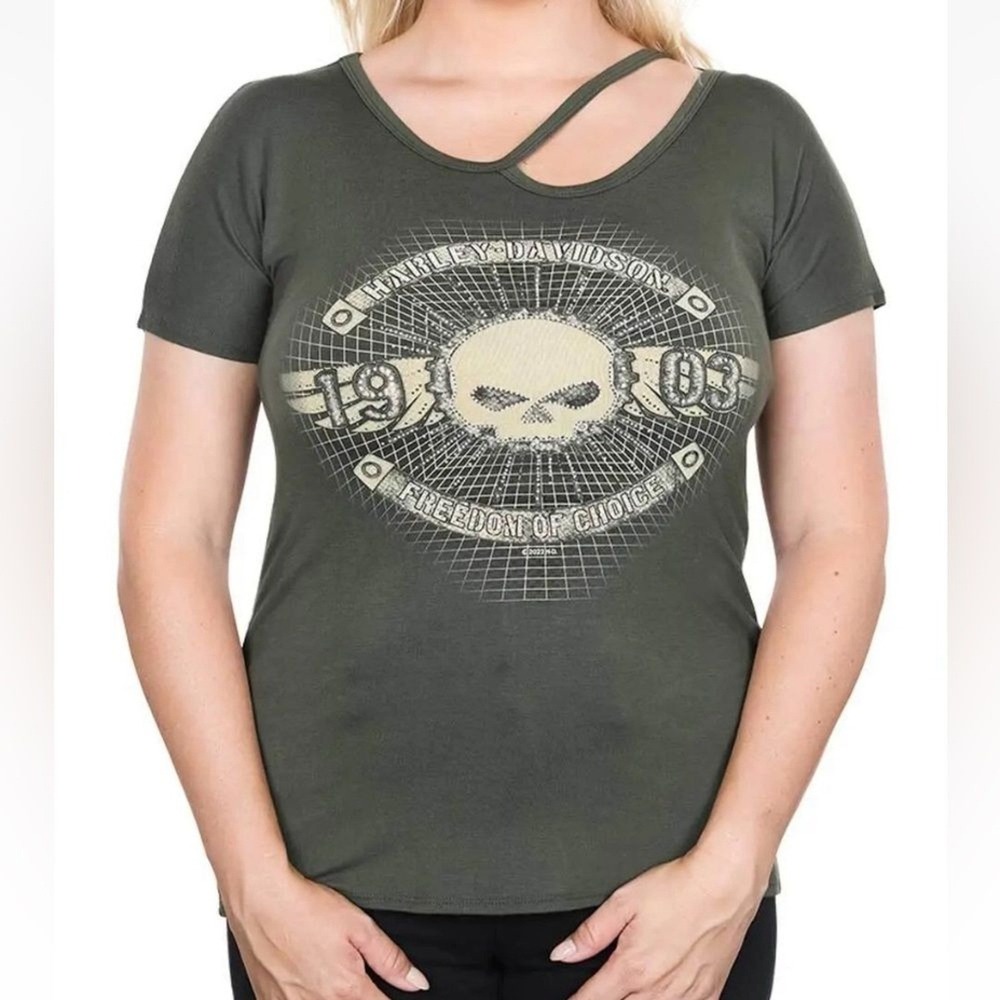 Harley Davidson Womens XL Olive Green Skull‎ Graphic Cutout Neck T-Shirt